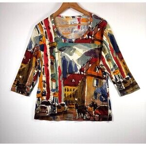 Vintage Michael Lau Top Womens Small Cotton Art Print City Scene Made in USA